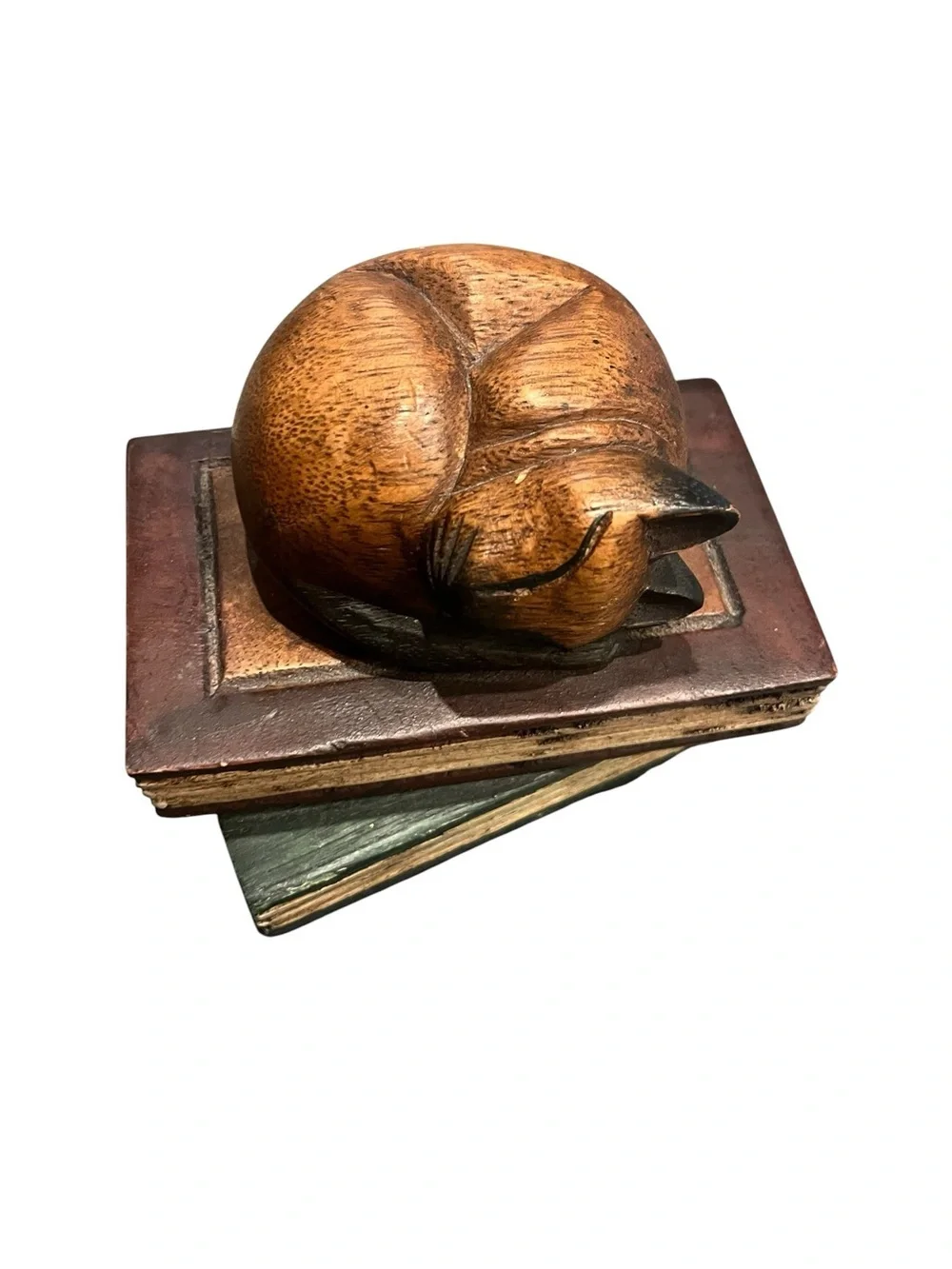 Carved Wooden Cat On Books Folk Art Thailand